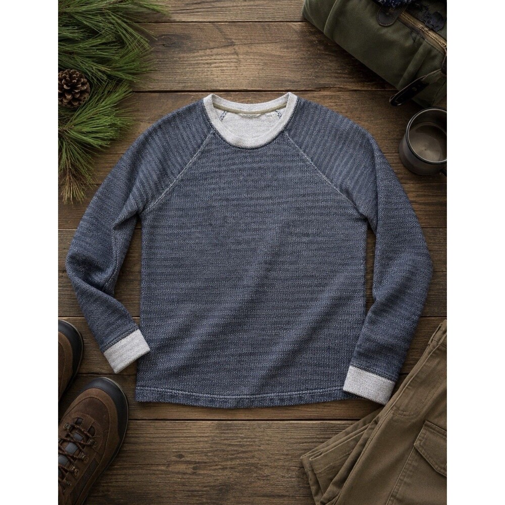 Orvis Textured Chevron Sweatshirt Medium Blue White Cotton Cottage Coastal